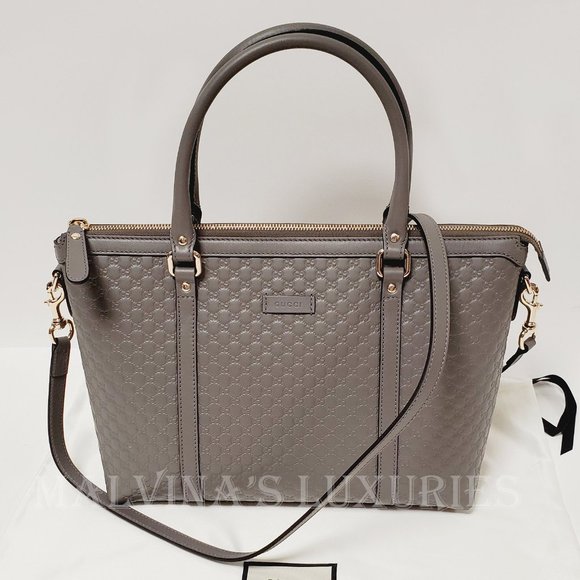 GUCCI BAG 449656 GRAY MICROGUCCISSIMA GG LOGO LEATHER TOTE w STRAP MEDIUM - Picture 3 of 16